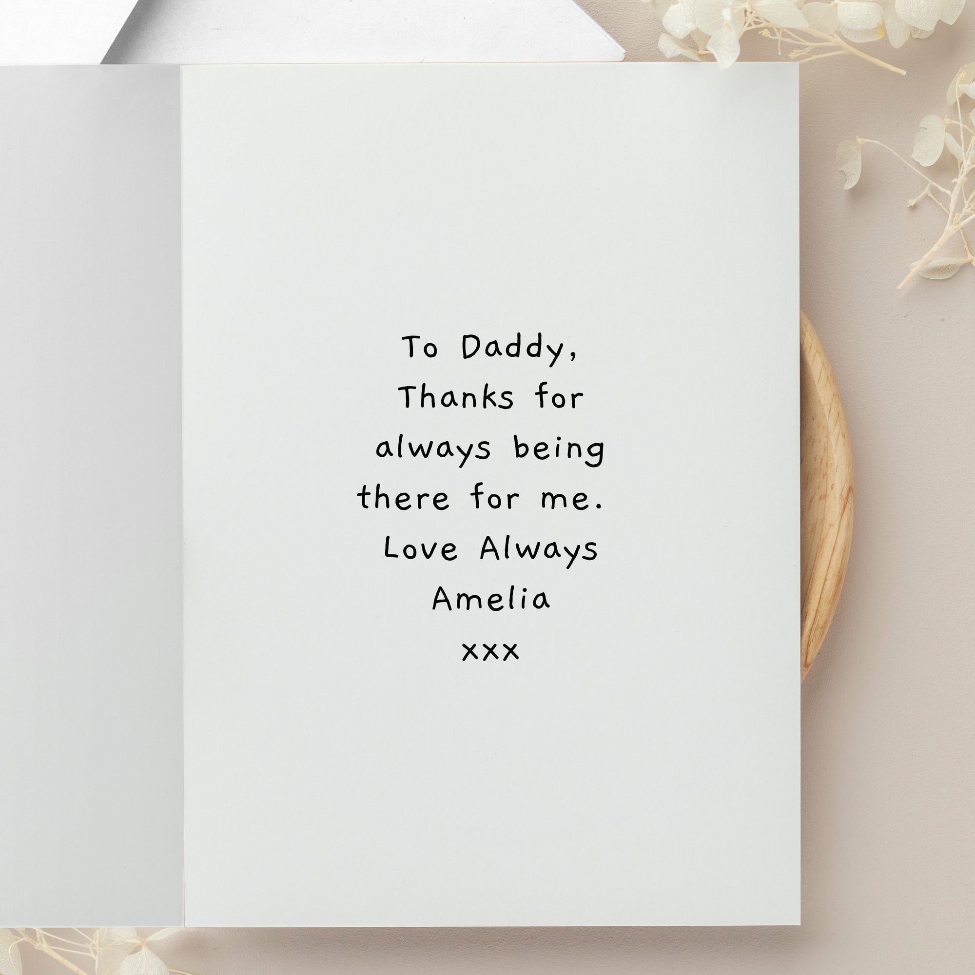 Image of a greetings card which has your own artwork printed on the front. The insider of the card can be personalised with your own text over up to 7 lines which will be printed in a black handwritten style font. The card comes with a white envelope.