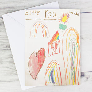 Image of a greetings card which has your own artwork printed on the front. The insider of the card can be personalised with your own text over up to 7 lines which will be printed in a black handwritten style font. The card comes with a white envelope.