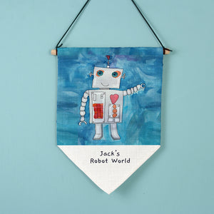 Image of a linen hanging banner that can be printed with your child's own artwork. There is also space under the artwork to add your own text over 2 lines which will be printed in a black handwritten style font.