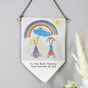 Image of a linen hanging banner that can be printed with your child's own artwork. There is also space under the artwork to add your own text over 2 lines which will be printed in a black handwritten style font.