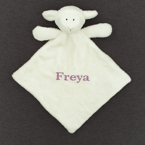 Personalised baby comforter made from soft cream fur that can be personalised with a name of your choice. Suitable from birth.