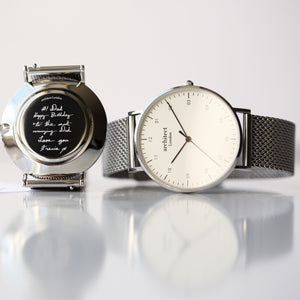 Front and rear image of a men's watch that can be engraved on the back with your own handwriting. The watch is made by Architect London and has a large white face and a stainless steel mesh strap. The rear of the watch can be engraved with your message written in your own handwriting.