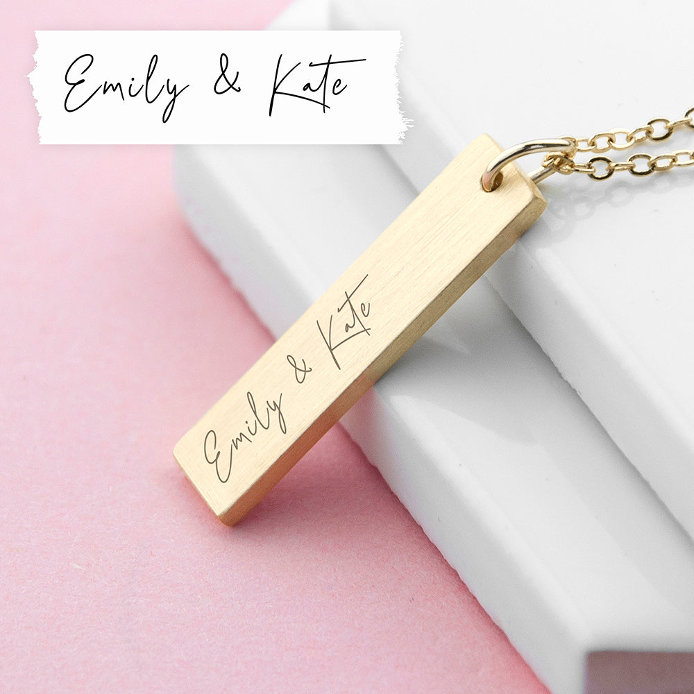 A gold plated necklace with a bar pendant that can be engraved with your own handwritten note or the writing of a loved one.