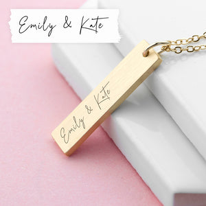 A gold plated necklace with a bar pendant that can be engraved with your own handwritten note or the writing of a loved one.