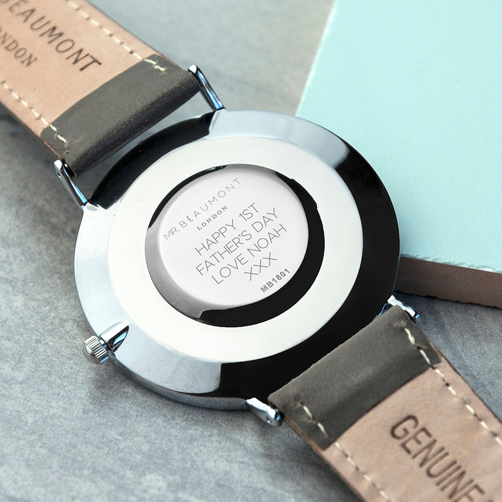 Personalised Mr Beaumont Leather Grey/Silver Case Watch Engraved with Sans Serif Font Option