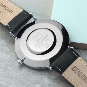 Personalised Mr Beaumont Leather Black/Silver Case Watch Engraved with Sans Serif Font
