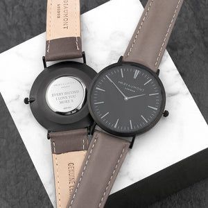 Personalised Mr Beaumont Leather Matt Grey Watch Engraved With Serif Font Option