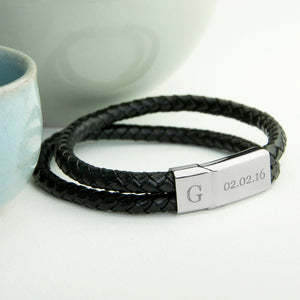 Engraved black leather woven bracelet