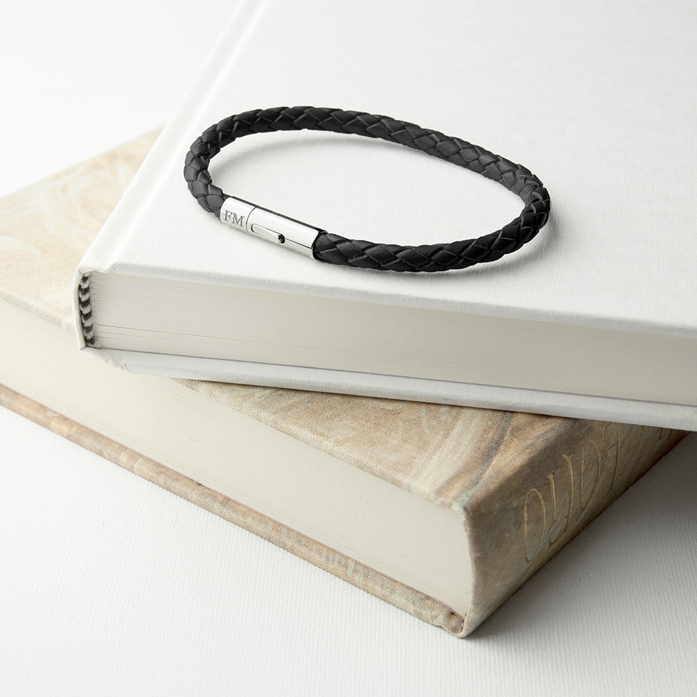 Engraved mens capsule black leather bracelet