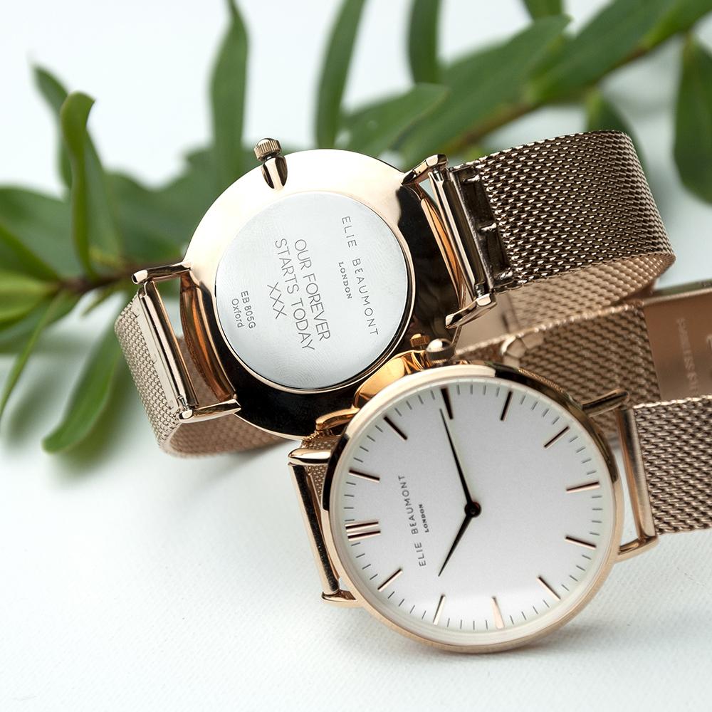 Personalised Elie Beaumont White & Rose Gold Mesh Strap