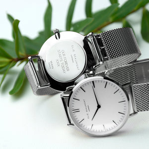 Personalised Elie Beaumont Oxford Large White and Silver Mesh Strap Watch Engraved with Sans Serif font