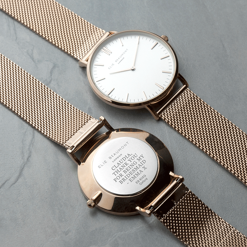 Personalised Elie Beaumont Oxford Large Mesh Rosegold Watch Engraved with Serif font