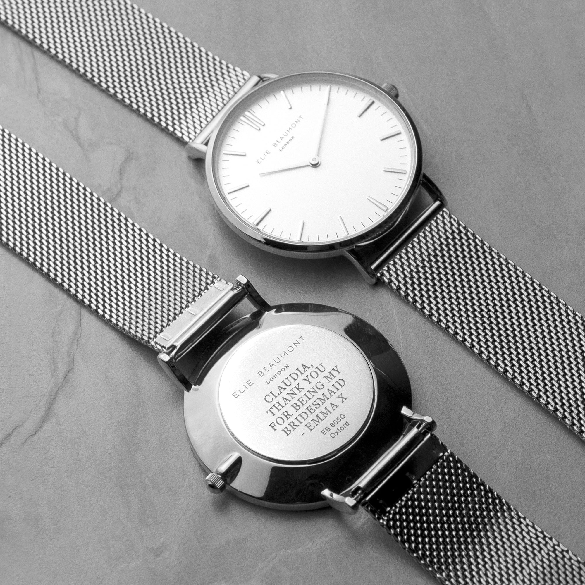 Personalised Elie Beaumont Oxford Large White and Silver Mesh Strap Watch Engraved with Serif font