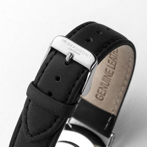 Strap View of Personalised Mr Beaumont Leather Black/Silver Case Watch 