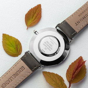 Personalised Mr Beaumont Leather Grey/Silver Case Watch Engraved with Serif Font Option