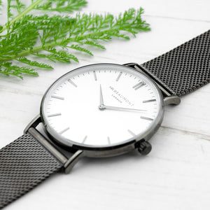 Personalised Mr Beaumont Mesh Gun Metal Watch with White Eggshell Face