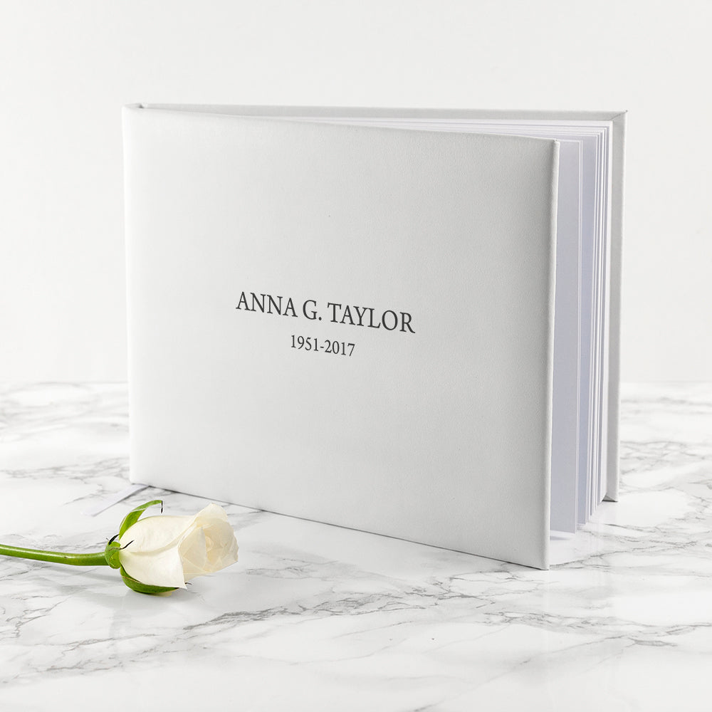 Engraved White Leather Memorial Book Small Size