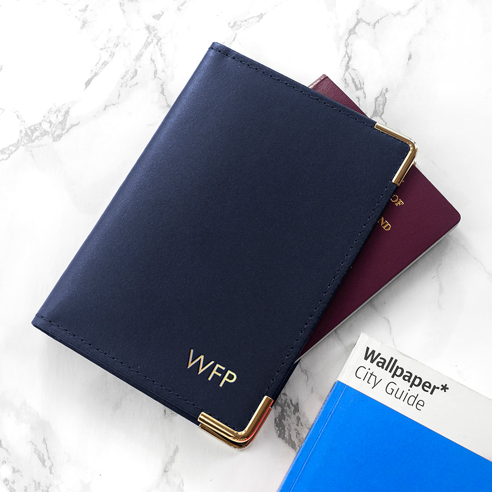 Personalised leather passport holder in navy