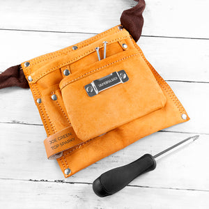Personalised leather tool belt with 6 pockets and tape measure holder