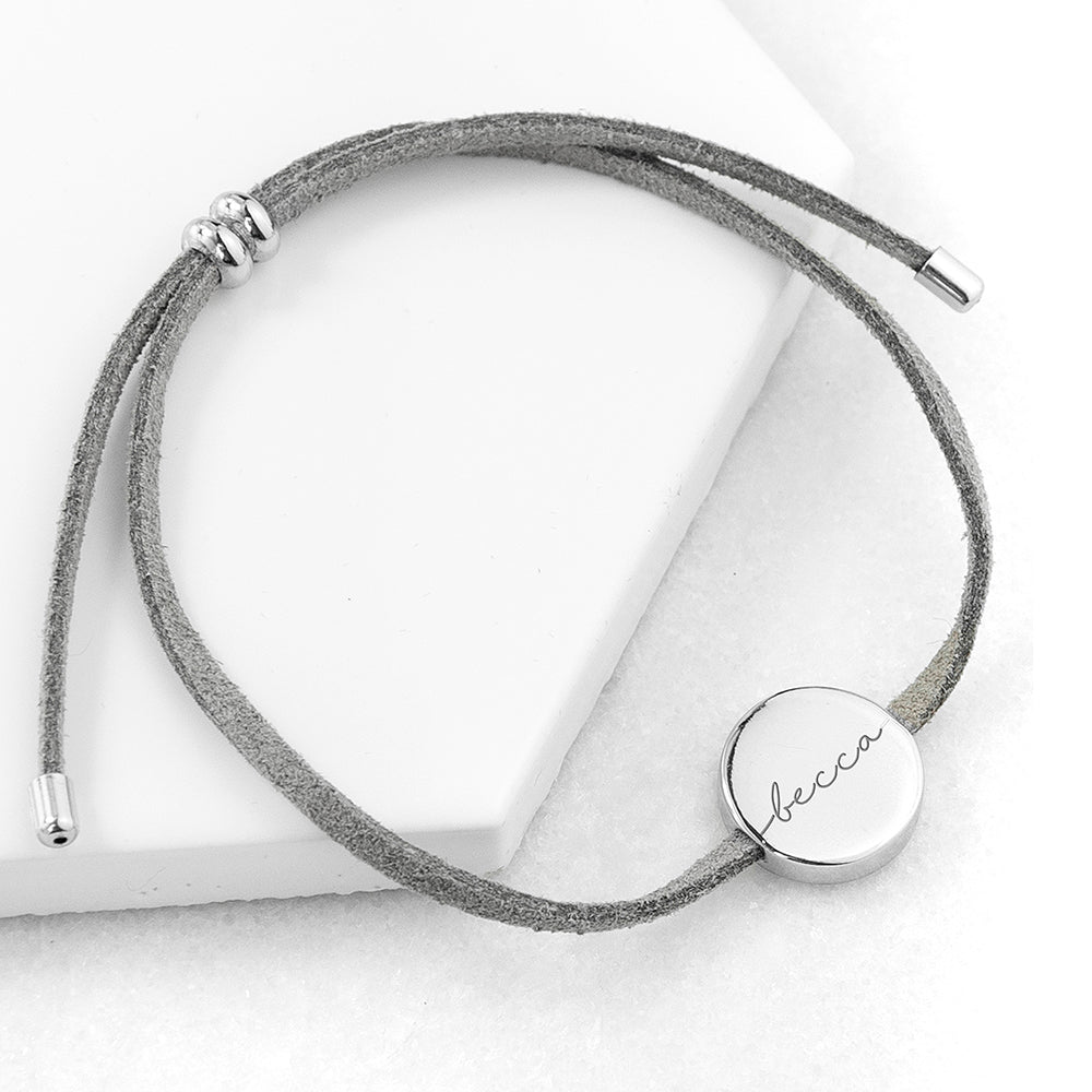 Personalised Grey Suede Bracelet wtih Silver Coloured Tag