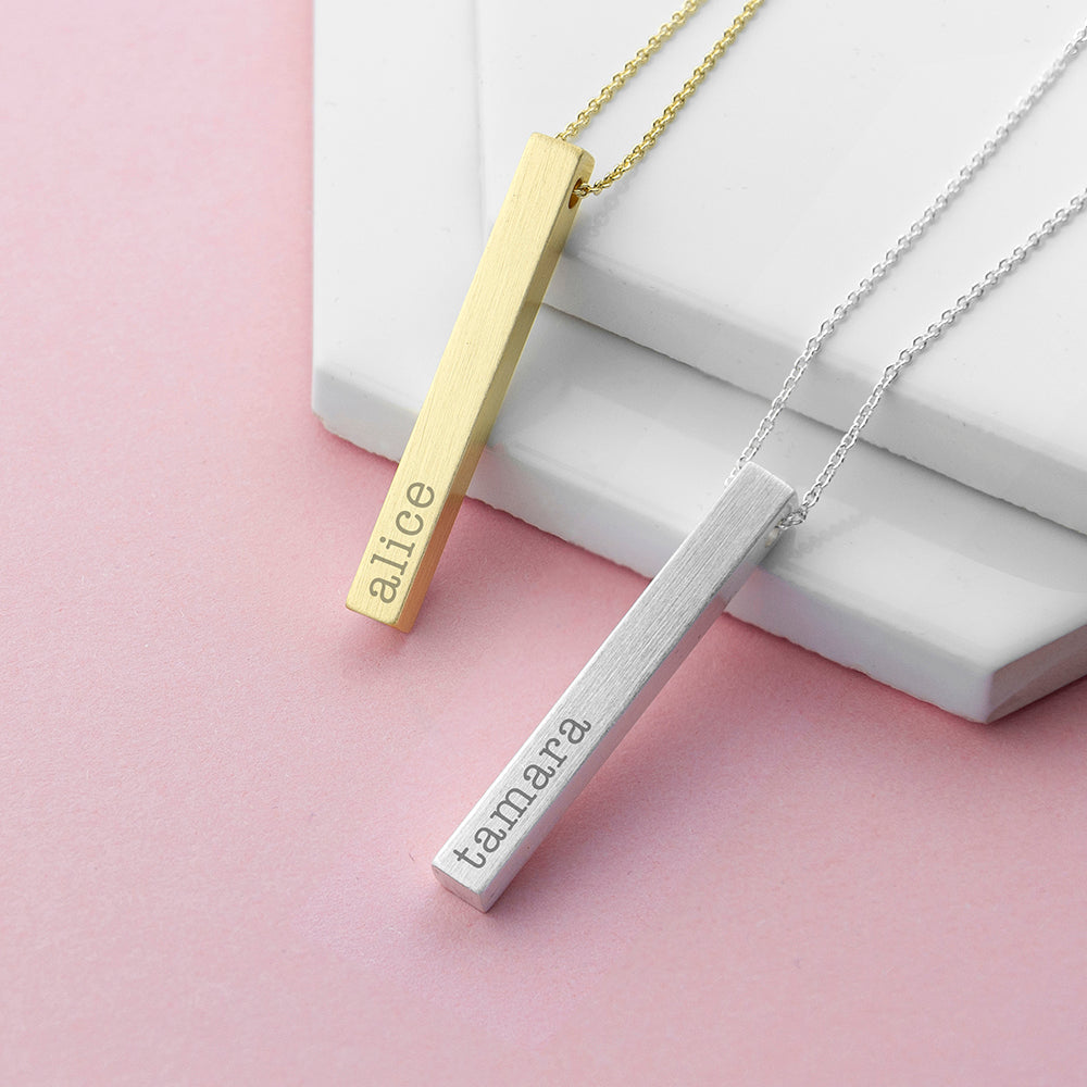 Personalised Gold Plated and Silver Plated Vertical Bar Necklace Engraved with Serif Font Option