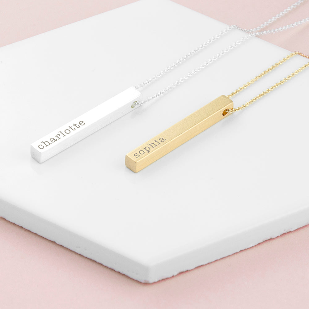 Personalised Gold Plated and Silver Plated Vertical Bar Necklace Engraved with Serif Font Option