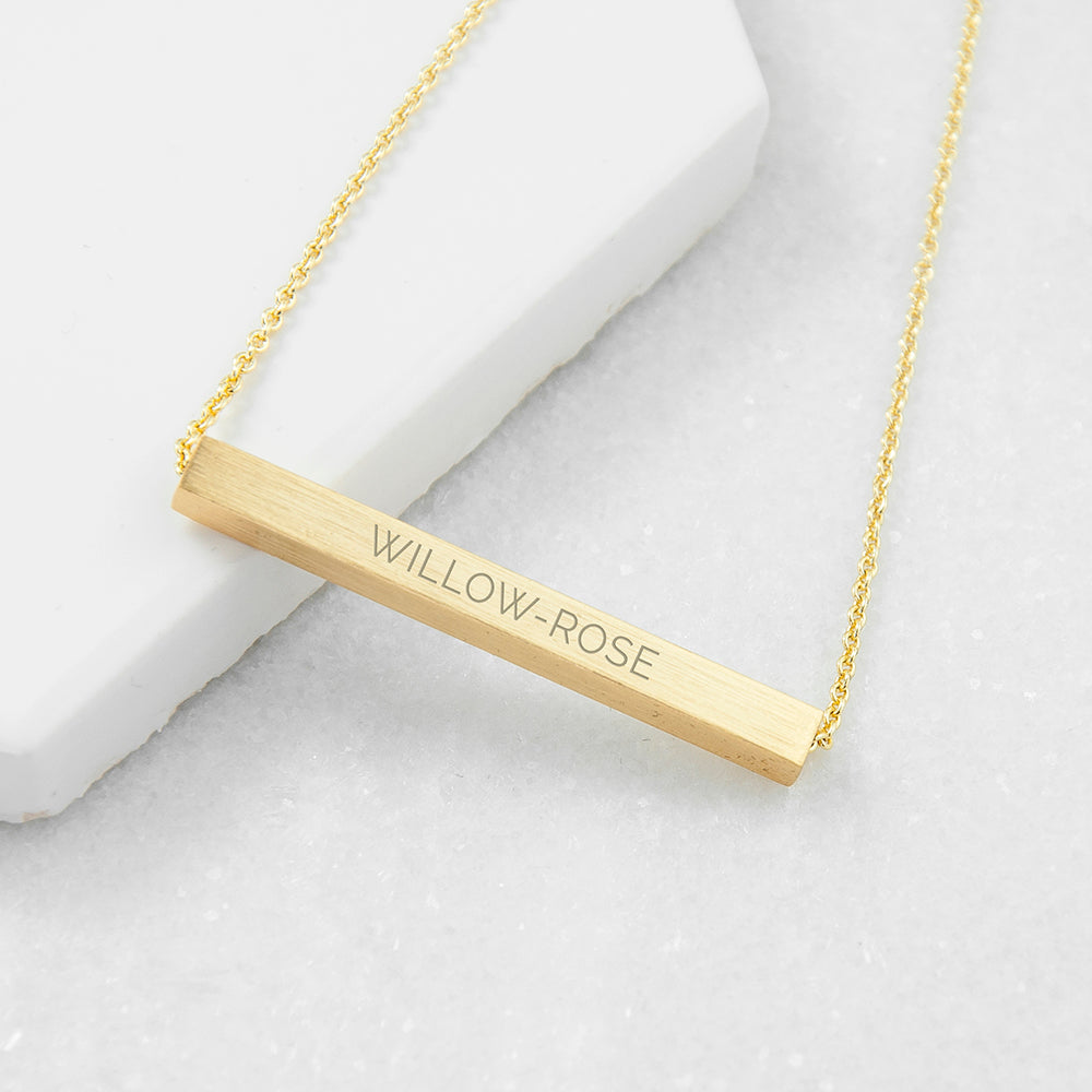 Personalised Horizontal Bar Necklace in Gold Plating Engraved with Sans Serif Font Option