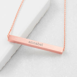 Personalised Horizontal Bar Necklace in 18 ct rose gold plate with a name engraved on one side