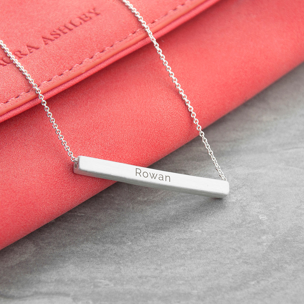 Personalised Horizontal Bar Necklace in Sterling Silver plate with a name engraved on one side with Sans Serif Font Option