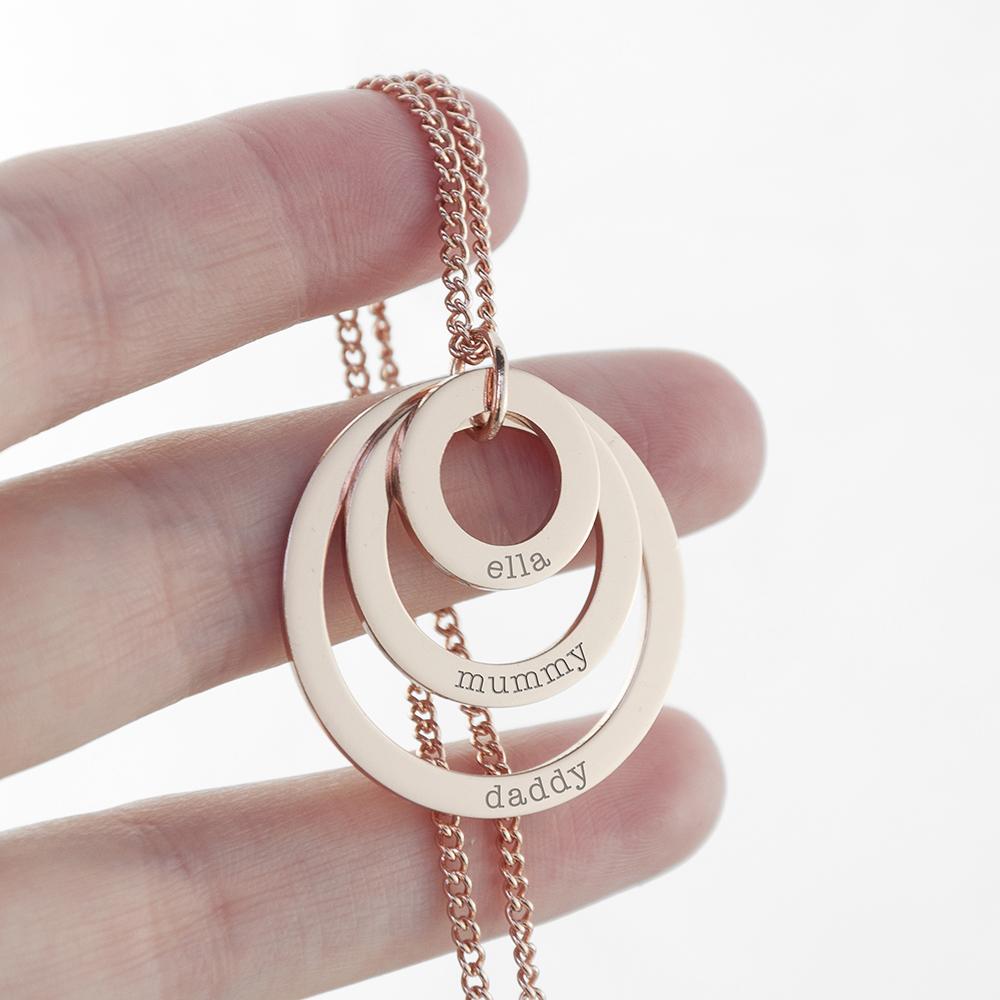 Personalised Rose Gold Plated Rings of Love Necklace Engraved with Sans Serif Font