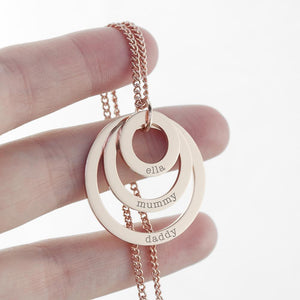 Personalised Rose Gold Plated Rings of Love Necklace Engraved with Sans Serif Font