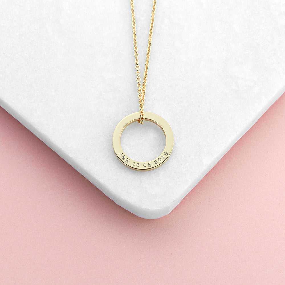 Personalised Family Ring Necklace with Gold Plating and Engraved in Serif Font