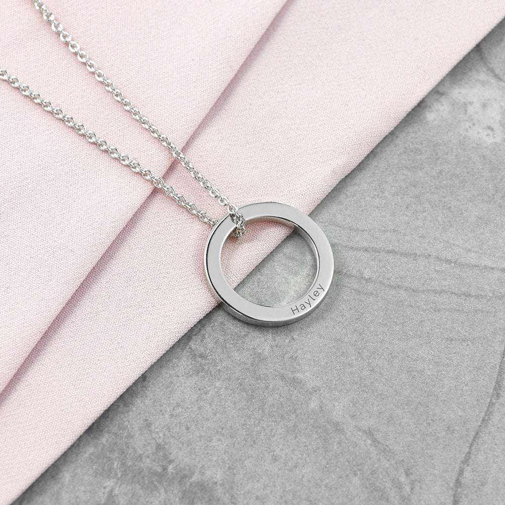 Personalised Family Ring Necklace with Silver Plating and Engraved in Sans Serif Font