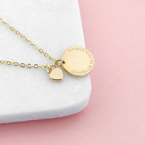 Personalised Heart & Disc Family Gold Plated Necklace Engraved with Sans Serif Font Option