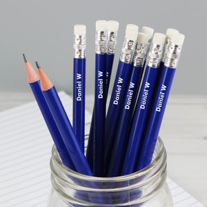Image of a pack of 12 HB blue writing pencils that can be personalised with a name of your choice.