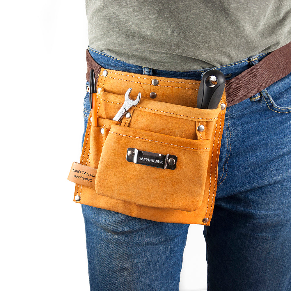 Personalised leather tool belt with 6 pockets and tape measure holder