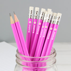 Set of 12 personalised HB pink pencils topped with an eraser and with a small flower motif after the name.
