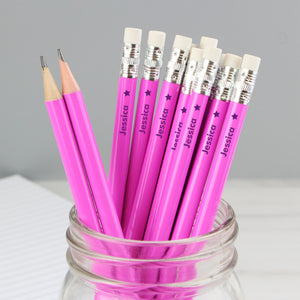 Set of 12 personalised HB pink pencils topped with an eraser and with a small star motif after the name.