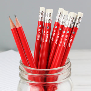 Pack of 12 personalised writing HB pencils with a red outer and an eraser on the end. Each pencil is personalised with a name and a football motif.