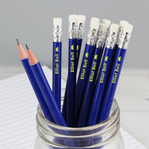 Image of a pack of 12 HB blue writing pencils that can be personalised with a name of your choice with a little alien motif printed after the name.