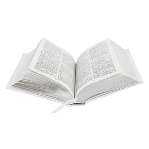 Internal image of the open pages of a personalised holy bible. The bible has a white leatherette cover featuring the text 'Holy Bible' and a pink or blue cross. The cover can be personalised with 3 lines of text, one line will appear above the image of the cross and the remaining two lines will appear below the image of the cross. The text is printed in silver and the bible has a ribbon bookmark and the pages are edged in silver leaf.
