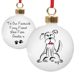 Personalised Christmas bauble for a dog. This round white ceramic Christmas tree bauble features an image of a hand-drawn dog in black and white, wearing a red collar, on the front. The rear of the bauble can be personalised with your own special message over up to 4 lines and two paw prints will be featured below your message.