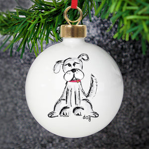 Personalised Christmas bauble for a dog. This round white ceramic Christmas tree bauble features an image of a hand-drawn dog in black and white, wearing a red collar, on the front.  The rear of the bauble can be personalised with your own special message over up to 4 lines and two paw prints will be featured below your message.