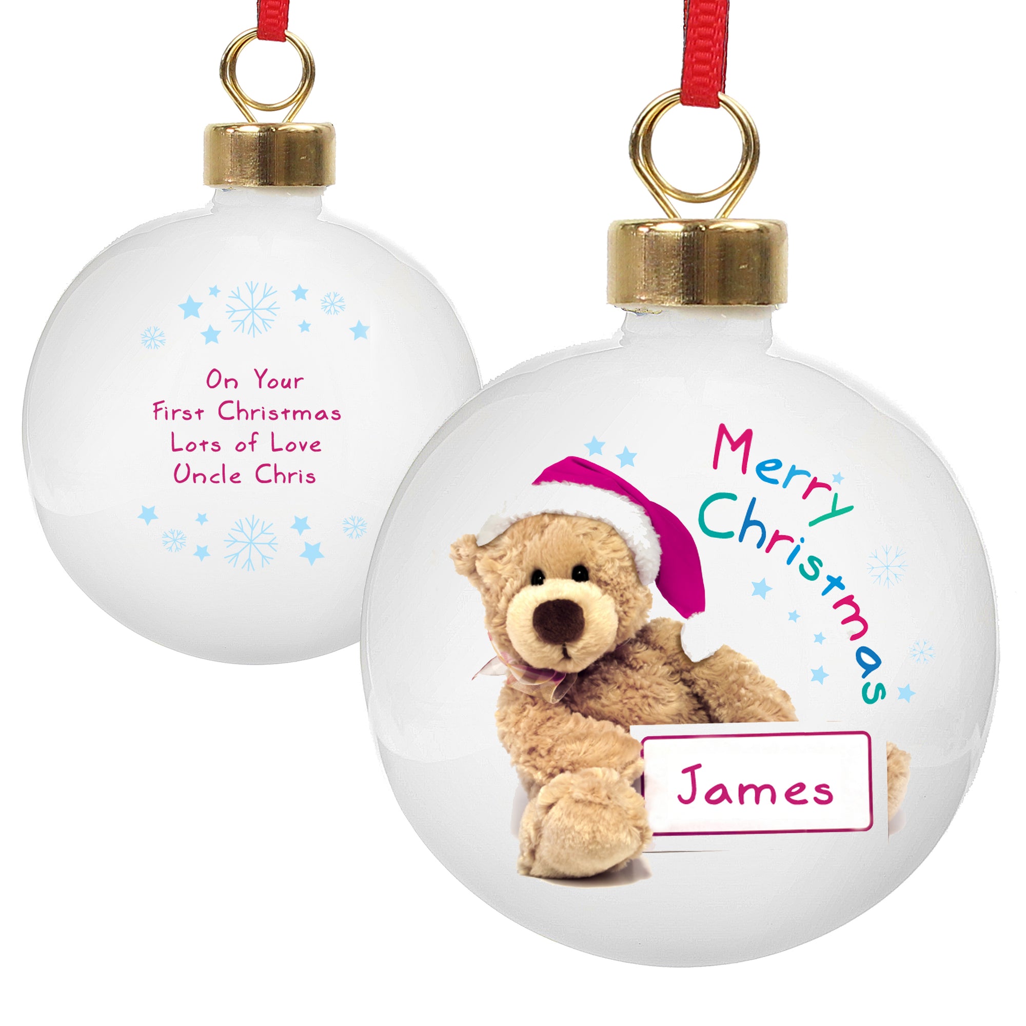 Personalised Christmas tree decoration made from white ceramic, featuring an image of a cute teddy bear on the front holding a sign that can be personalised with a name of your choice. The rear of the bauble can be personalised with your own message over up to 4 lines.