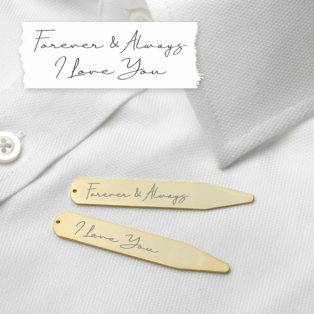 Personalised sartorial gift of a pair of gold-plated collar stiffeners engraved with your own handwritten words. Each stiffener can be engraved with different messages and there is a limit of 3 to 5 words per stiffener. 