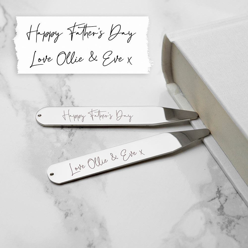 Personalised sartorial gift of a pair of collar stiffeners engraved with your own handwritten words. Each stiffener can be engraved with different messages and there is a limit of 3 to 5 words per stiffener. Made from hard wearing plated silver rhodium.
