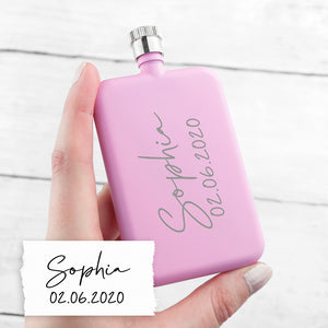 Image of a personalised pink slimline hip flask with a screw top lid that can be personalised with your own handwritten message printed in grey.