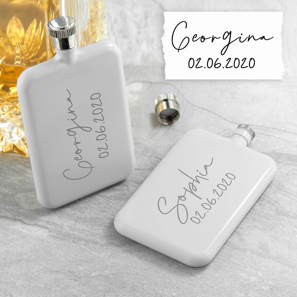 Image of a personalised white slimline hip flask with a screw top lid that can be personalised with your own handwritten message printed in grey.