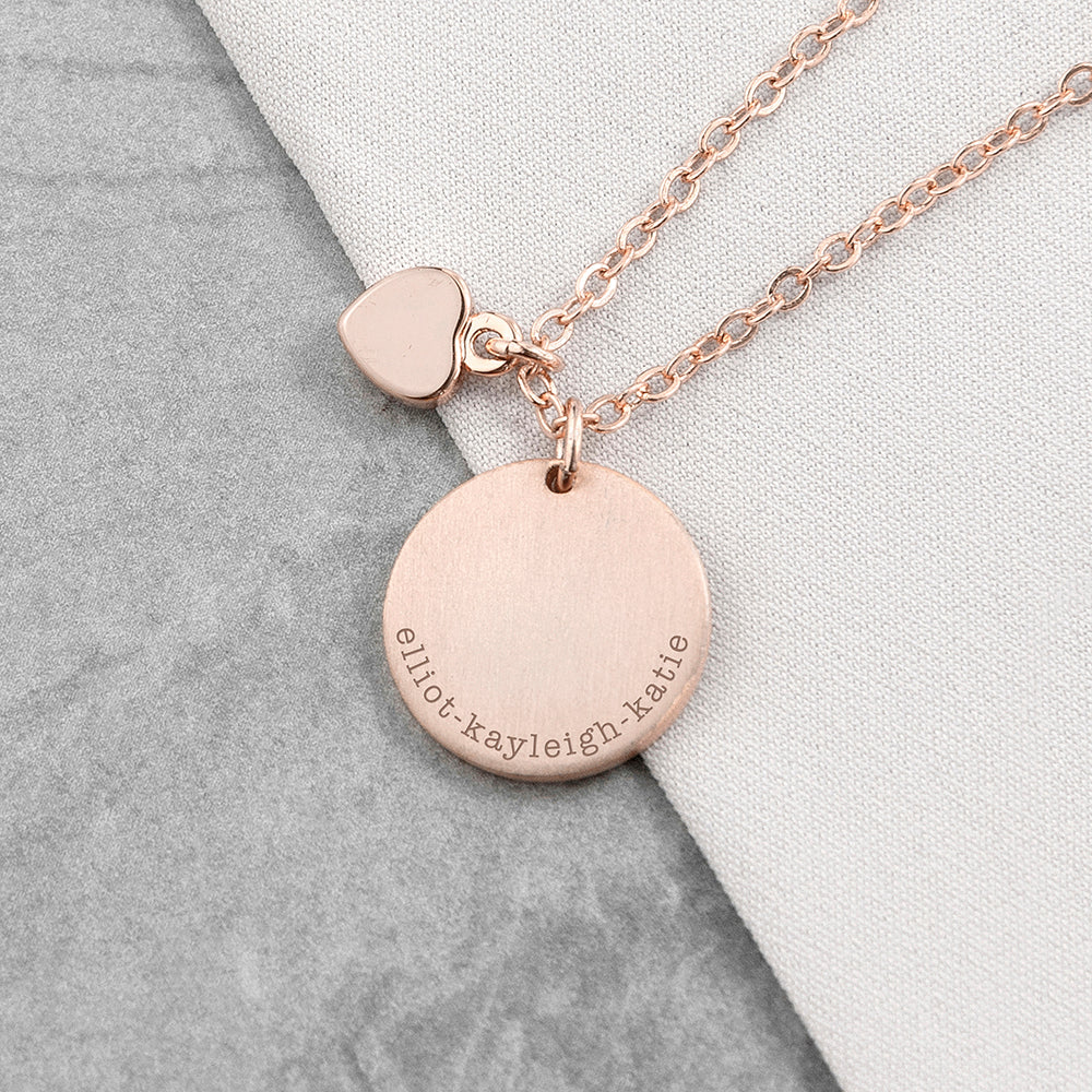 Personalised Heart & Disc Family Rose Gold Plated Necklace Engraved with Serif Font Option