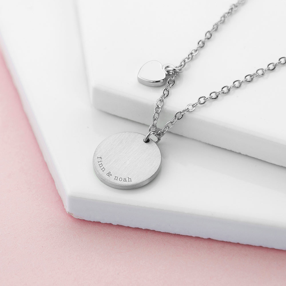 Personalised Heart & Disc Family Silver Plated Necklace Engraved with Serif Font Option
